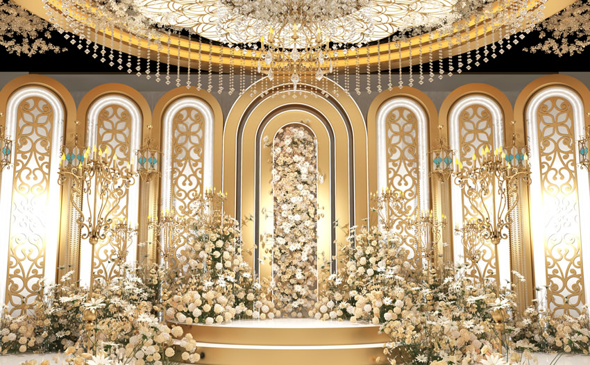 尉犁香槟色调婚礼堂效果展示